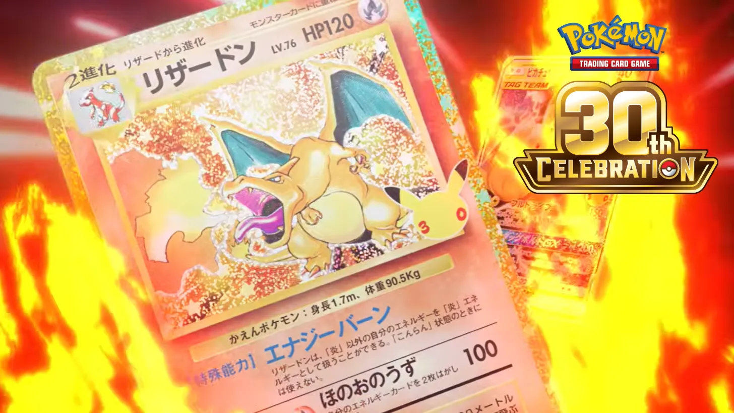 The 30th Celebration Base Set Charizard reprint shown beside the official Pokémon TCG 30th Celebration logo